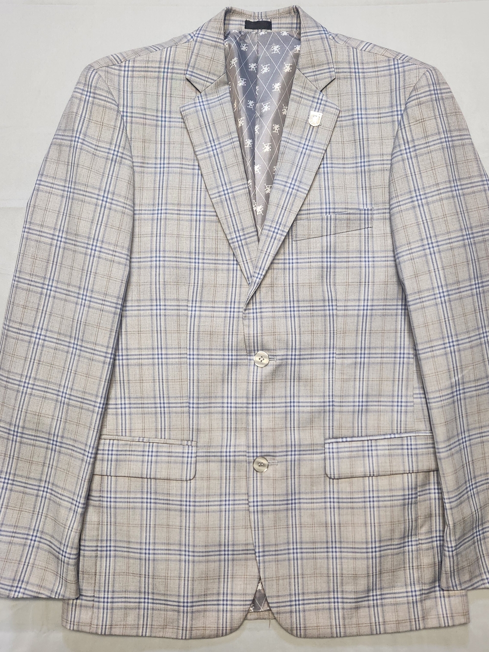 Stacy Adams Tan Blue Plaid Sport Coat Suit 38L Two Button Notch Lapel Blazer